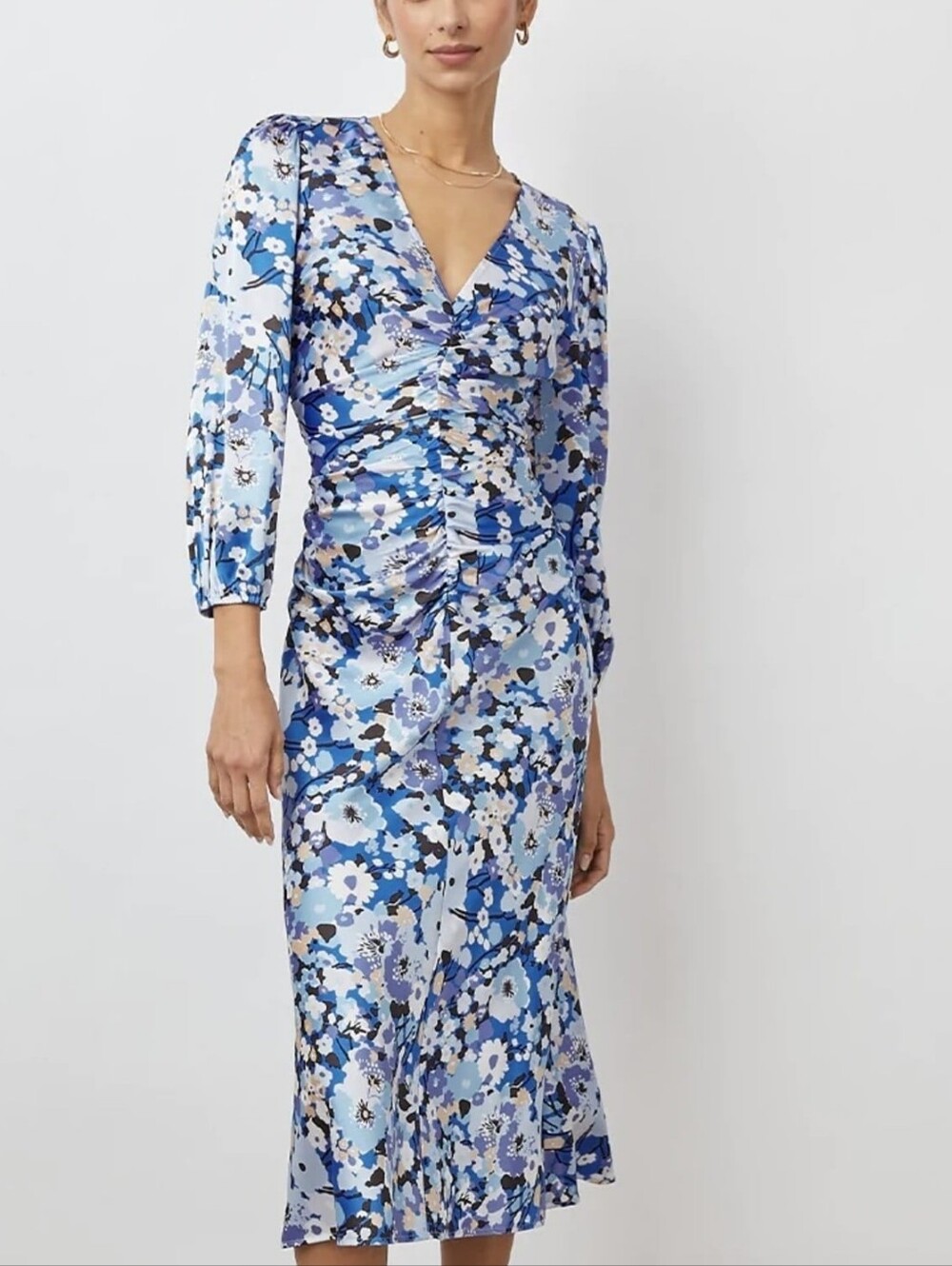 Rails Salem Zinnia Ruched Midi Dress Long Sleeve Blue Aqua XL